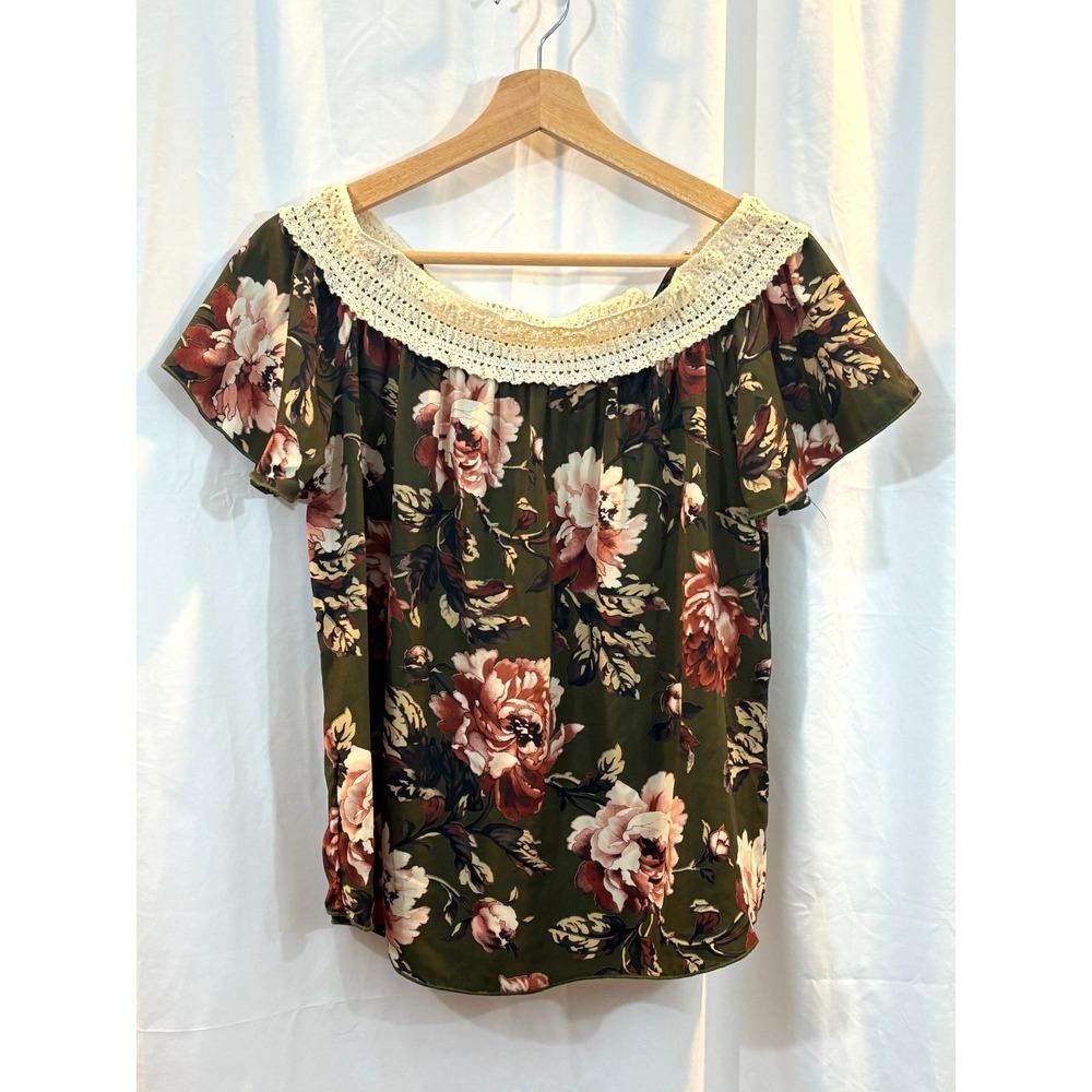 Papaya Women's Olive Green Floral‎ Blouse with Crochet Neckline, Size L